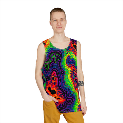 Angled view of the Neon Spill men's tank top.