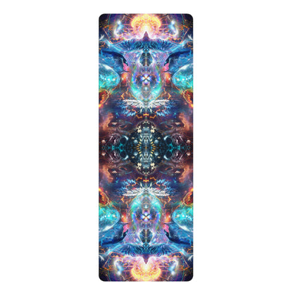 Soul Seeker V2 yoga mat flat lay on white, showing the edge-to-edge printed cosmic feather artwork.