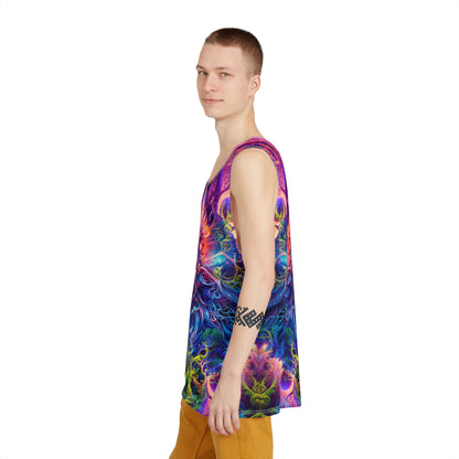 Detail shot of the seam and fabric texture on The Sacred Vine men's tank top.