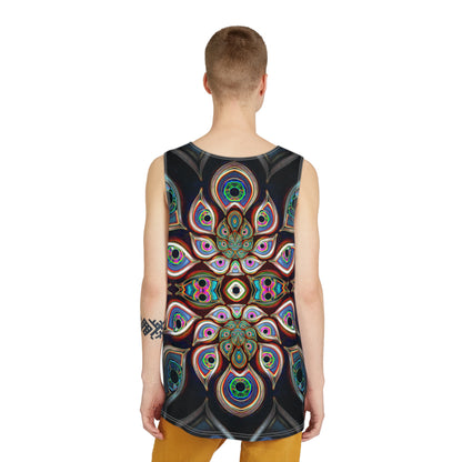 Flat lay of The Waiting Room men's tank top, showing the complete all-over print.
