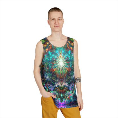 Angled view of a men's tank top featuring the To Tree or Not to Tree design.