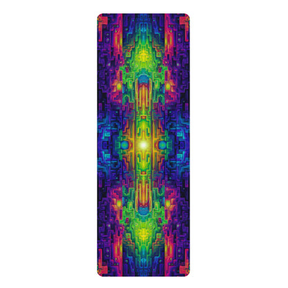 Galaga yoga mat laid flat showing the full psychedelic print edge to edge.