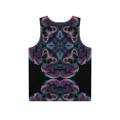 Close-up of the Mushroom Tree Mandala print design on the tank top fabric.