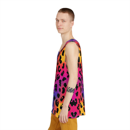 Folded view of the Rainbow Leopard men's tank top displaying the print pattern.