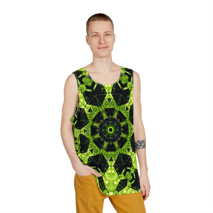 Angled view of the Geocomb men's tank top on a hanger.