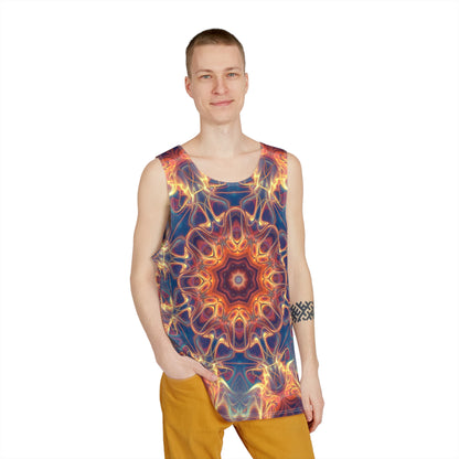 Angled view of the Aquatic Rays men's tank top.