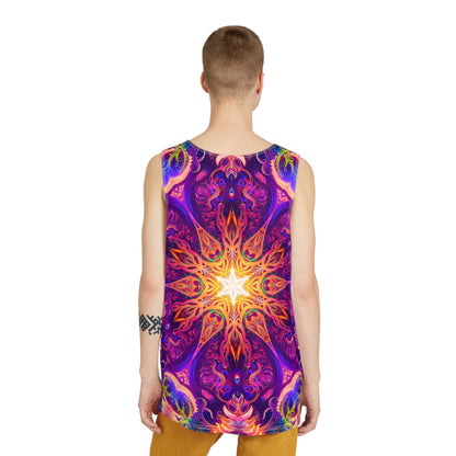 Side angle of The Sacred Circle men's tank top, showing the regular cut and fit.