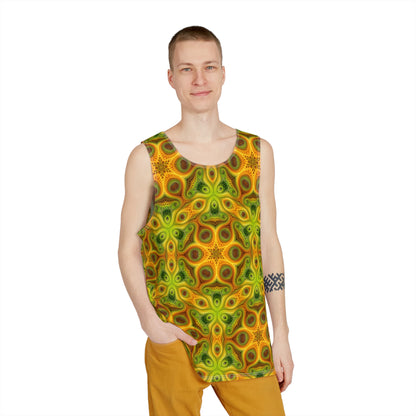 The Sun Lattice men's tank top shown at an angle to display the fit.