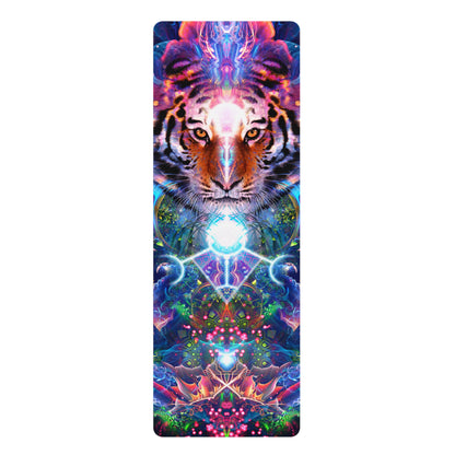 Flat product shot of the Hunter's Moon yoga mat showing the full psychedelic tiger and mandala design.