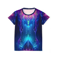 Flat lay of the Midnight Spell women's sport tee showing the all-over psychedelic print.