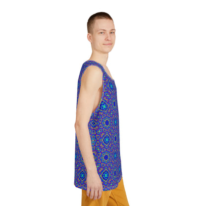 Corner detail shot of the Aztecia Pattern print on the tank top.
