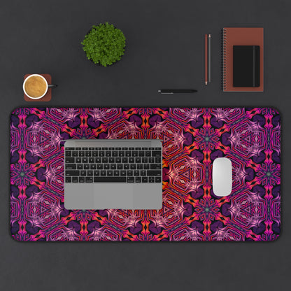 Wide desk setup shot with the Forged In Neon desk mat in place.