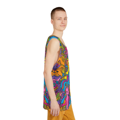 Side view of the 'Because Unicorns' men's tank top laid flat, showing the seam and armhole trim.