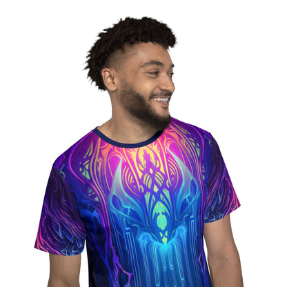 Wide view of the Midnight Spell men's sport tee showing the complete print layout.