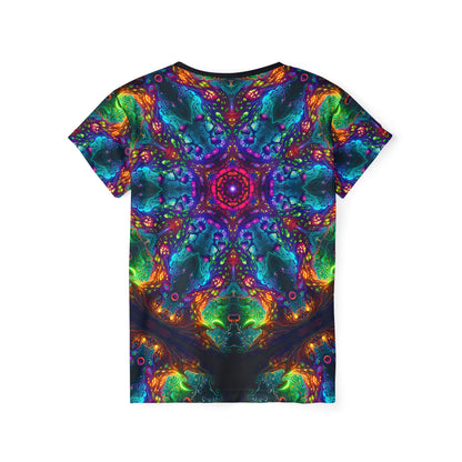 Side view of the Fungus Amongus Mandala print on the women's sport tee.