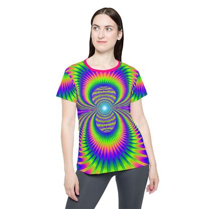 Side view of the Blast Off print on this women's sport tee