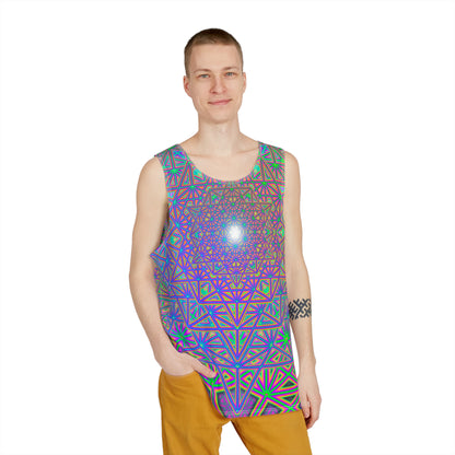 Overhead view of the Flower of Tron men's tank top laid flat.