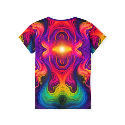 Angled view of the Cosmic Currents women's sport tee showing the all-over print.
