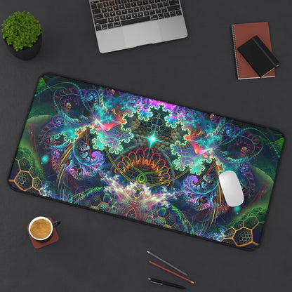 The To Tree or Not to Tree Top Section desk mat laid on a desk beside a keyboard and mouse.