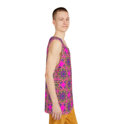 Corner detail of the 'Pink Passion' design on a men's tank top