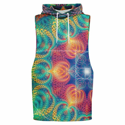 Ghost mannequin front view of the “Free Your Mind - Fibonacci” sleeveless hoodie, drop armhole cut.