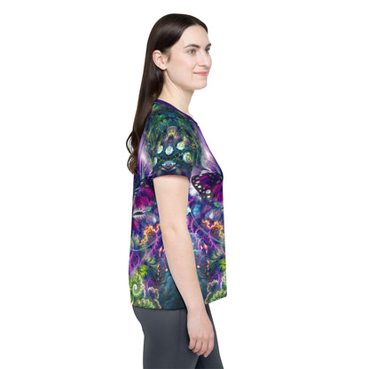 Women's sport tee in the Emergence psychedelic all-over print design, detail of the all-over print.