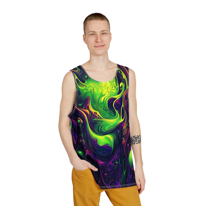 Angled view of a men's tank top featuring The Goo design.