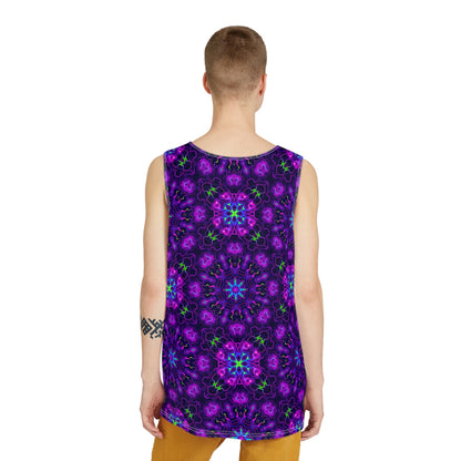 Corner detail of a men's tank top with the 'Panspermia' artwork.
