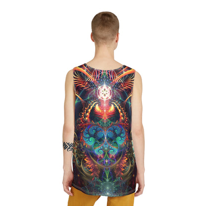 Corner detail of the Stimulous men's tank top print and fabric.