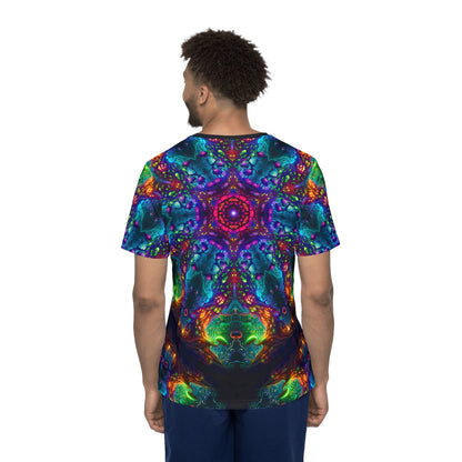 Close-up of the fabric texture on the Fungus Amongus Mandala men's sport tee.
