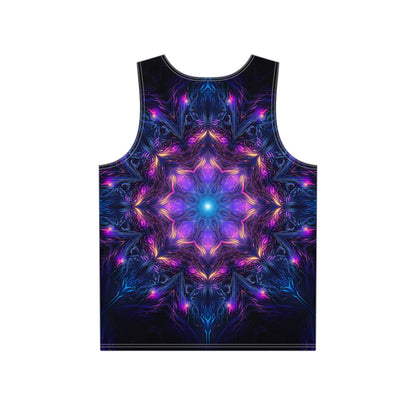 Back flat lay of the 'Twilight Glow Mandala' men's tank top with the print continuing across the fabric.