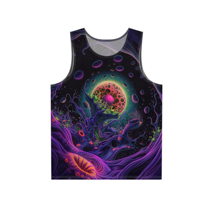 Flat lay of a men's tank top printed with the Space Anemone design.