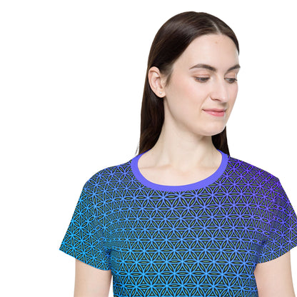 Flat lay photo of the Blue Flower of Life Pattern women's sport tee