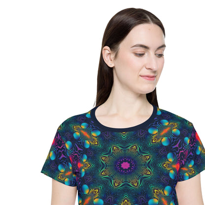 Corner detail shot of the Cosmic Fingerprint V2 sport tee hem and seam.
