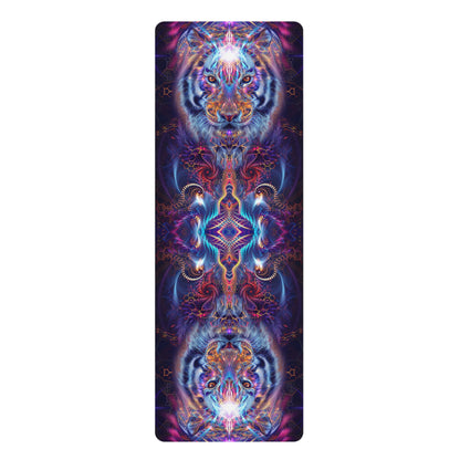 Empurrress yoga mat with an edge-to-edge mirrored tiger mandala print, suede top facing up.