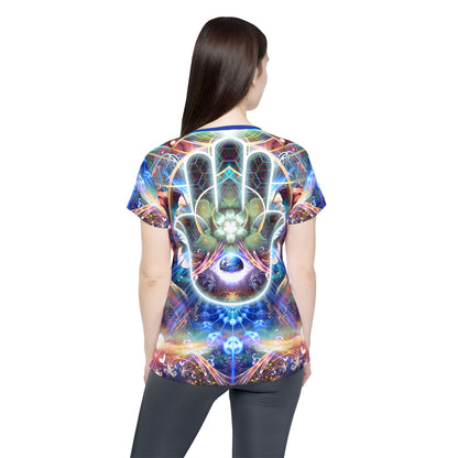 Women's sport tee in the Divine Protection psychedelic all-over print design, front view.