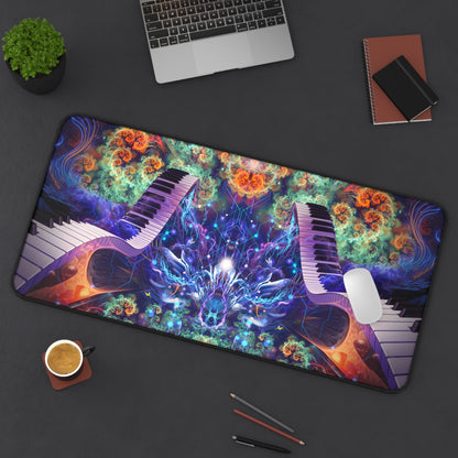 Magnus Opum desk mat laid on a desk with a keyboard and mouse for scale