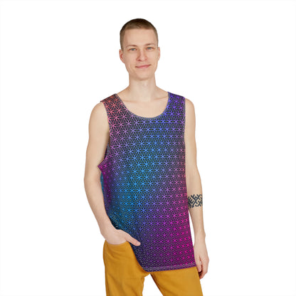 Angled view of the Rainbow Flower of Life men's tank top highlighting the print.
