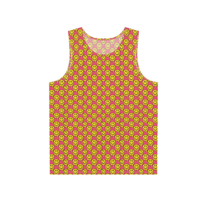 Flat lay of a men's tank top printed with a yellow and pink smiley pattern design.