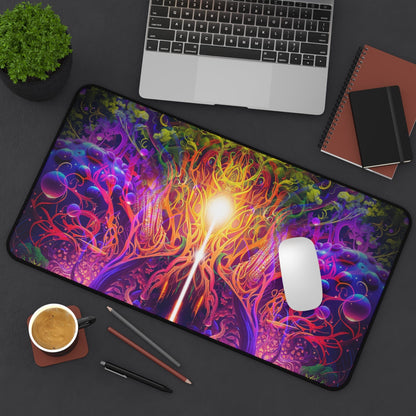 The Sacred Vine Top Section desk mat on a desk with a monitor in the background.