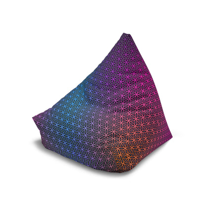 The Rainbow Flower of Life bean bag chair cover shown empty and unfilled, laid flat.
