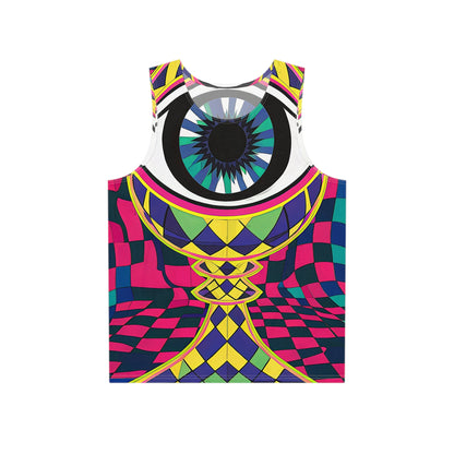 Flat lay of the All Seeing Checkers men's tank top showing the full print design.