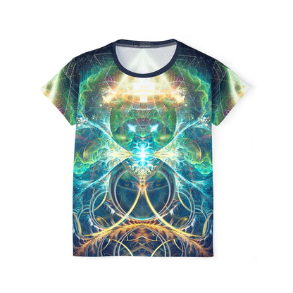Front view of the Blossom print on this women's sport tee