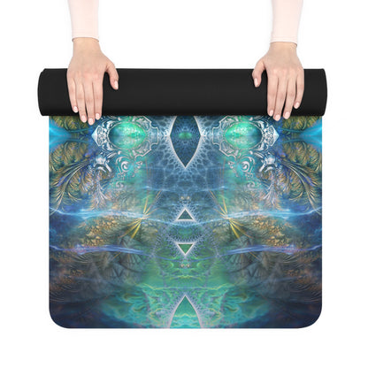 Two hands unrolling the Fleur De Vie yoga mat, revealing its teal and gold pattern at the edge.
