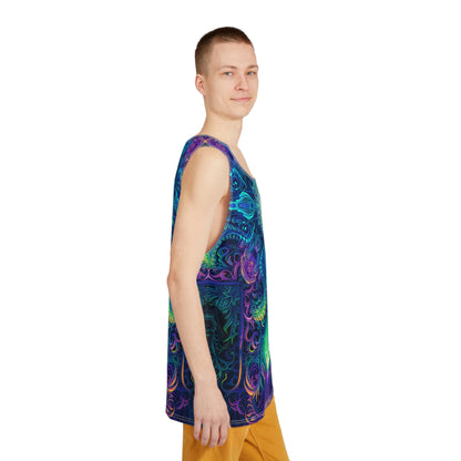 Side view of the 'Belladonna V2' men's tank top laid flat, showing the seam and armhole trim.