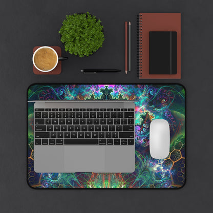 The To Tree or Not to Tree Top Section desk mat beside an open laptop.
