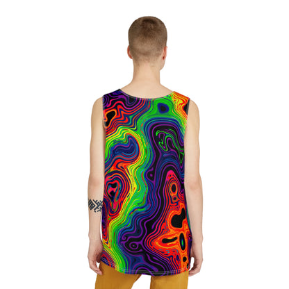 Corner detail of the Neon Spill tank top print and stitching.