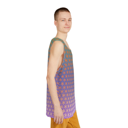 Men's tank top with the 'Flower de Life' print viewed from above.