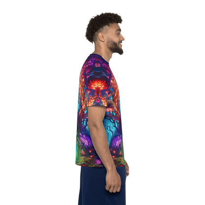 Corner detail of the Moonlight Fruit print near the hem of the sport tee.