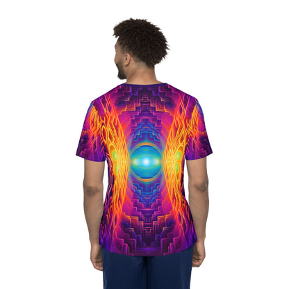 Corner detail of the Maze of Life V3 men's sport tee showing the print and seam.